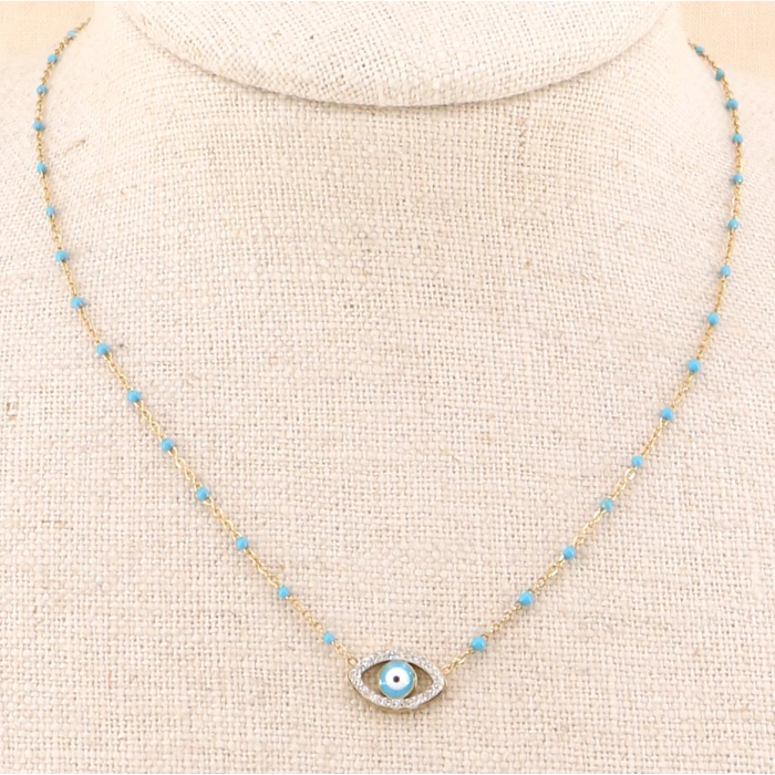 Collier court œil protecteur émail et acier inoxydable 0123162 bleu turquoise