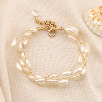 Bracelet cérémonie multi-rangs perles acryliques et métal pour femme 0223152 blanc
