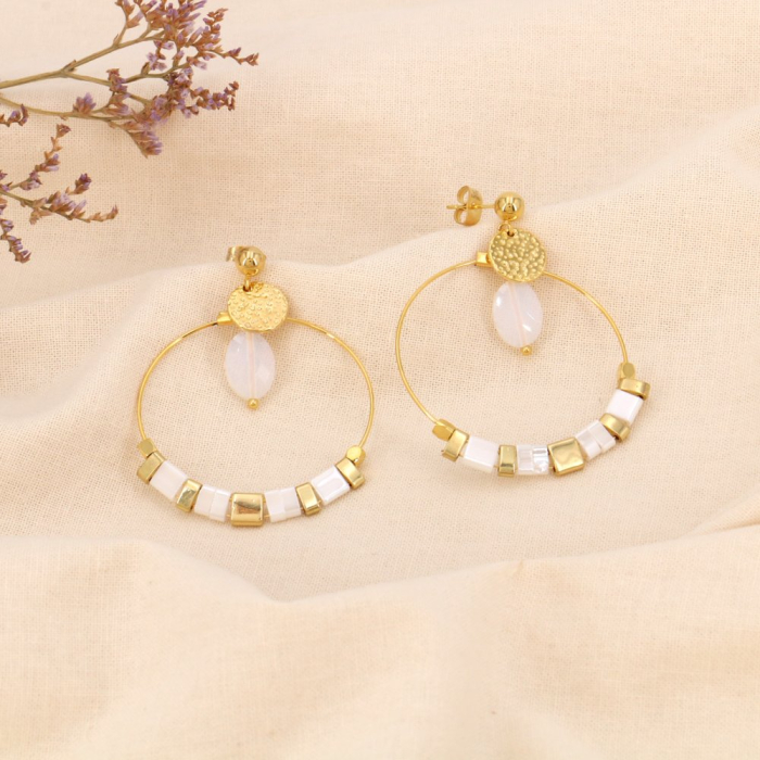 Boucles d'oreilles cercle pierre perles plates miyuki 0323549 blanc