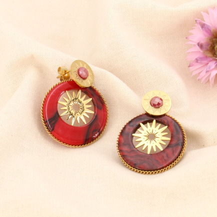 Boucles d'oreille acier inoxydable soleil anneau résine acétate écaille de tortue femme 0323551 rouge bordeaux
