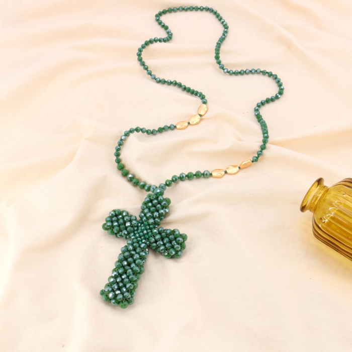 Collier sautoir croix xxl et perles facettées cristal 0123140 vert foncé