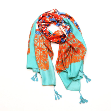 Foulard motif fleurs arabesques pompons polyester femme 0723030 rouge