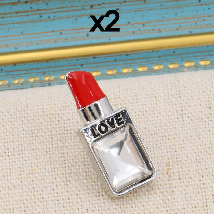 Pin's X2 rouge à lèvres love, métal, strass émail 0623503 argenté