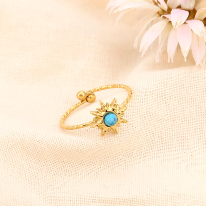 Bague fine réglable acier inoxydable soleil rayonnant cabochon pierre 0423525 bleu turquoise Bague fine réglable acier inoxydable soleil rayonnant cabochon pierre 0423525 bleu turquoise