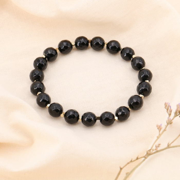 Bracelet élastique grosses perles en pierres véritables et acier 0223534 noir Bracelet élastique grosses perles en pierres véritables et acier 0223534 noir