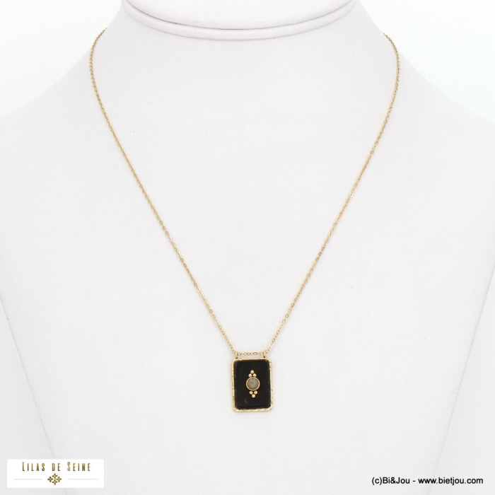 Collier acier inoxydable pendentif rococo pierre véritable 0122547 noir Collier acier inoxydable pendentif rococo pierre véritable 0122547 noir