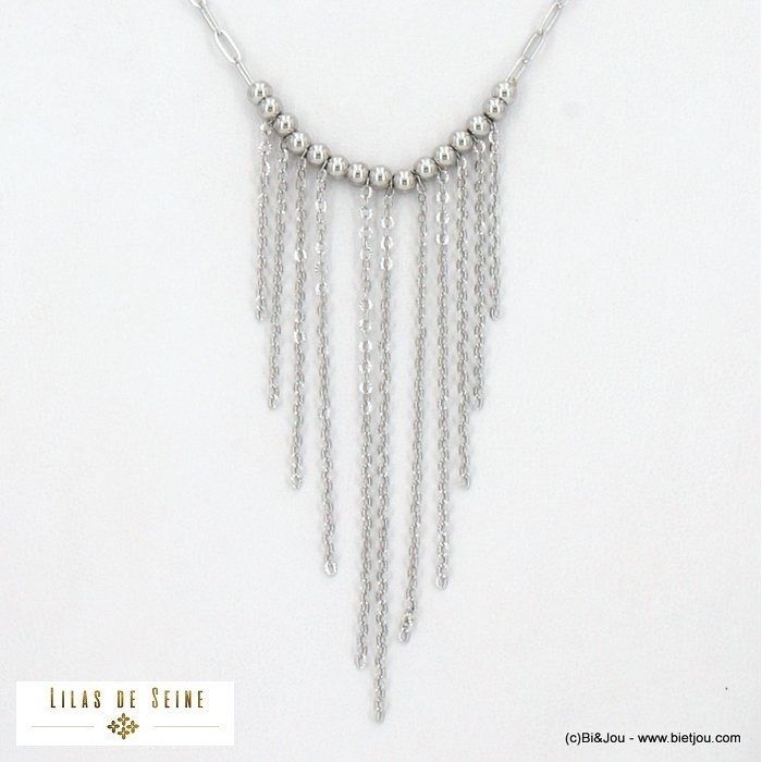 Collier soirée acier inoxydable billes franges 0122534 argenté