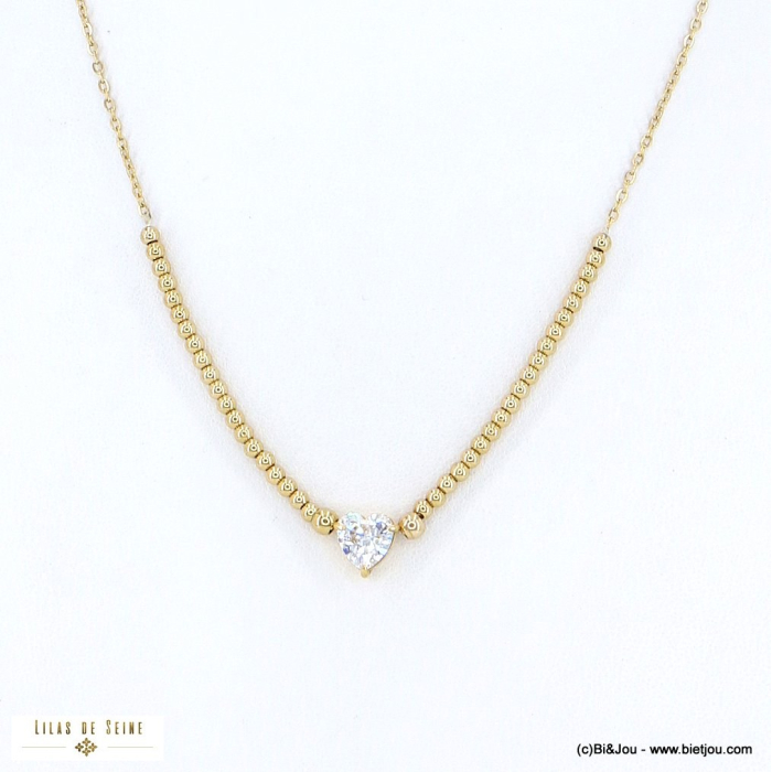Collier soirée coeur strass billes acier inoxydable 0122576 doré