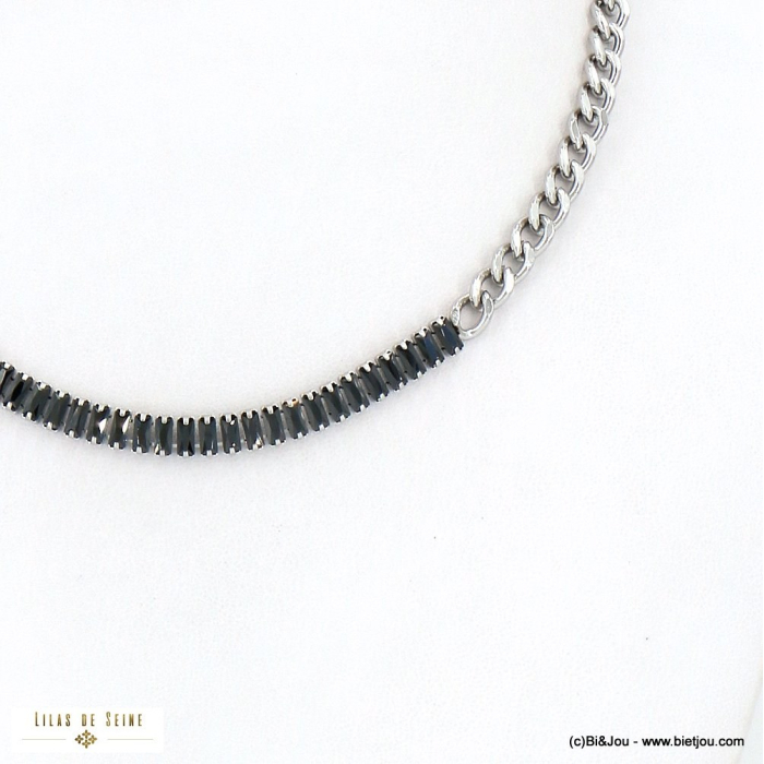 Collier chaîne maille gourmette acier inoxydable strass 0122586 argenté
