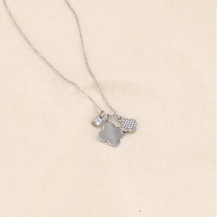 Collier acier inoxydable trèfles strass femme 0123616 argenté