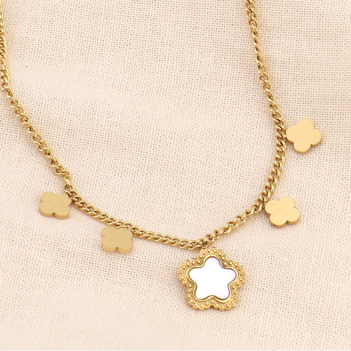 Collier acier inoxydable 5 pampilles trèfle nacre 0123607 doré