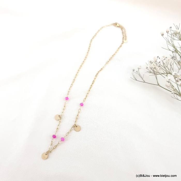 Collier acier inoxydable pampilles billes pierre naturelle 0123064 fushia