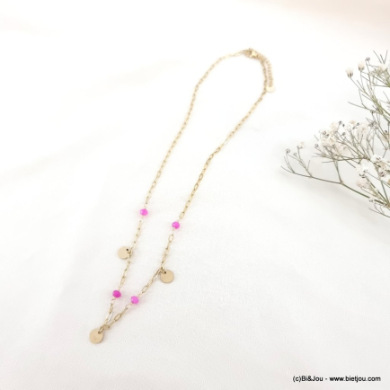 Collier acier inoxydable pampilles billes pierre naturelle 0123064 fushia