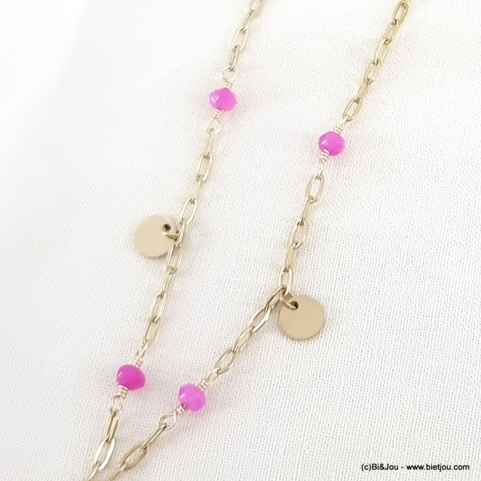 Collier acier inoxydable pampilles billes pierre naturelle 0123064 fushia