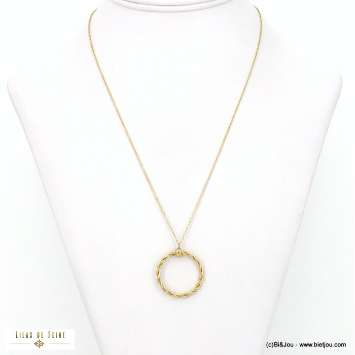 Long collier acier inoxydable anneau torsadé 0123007 doré