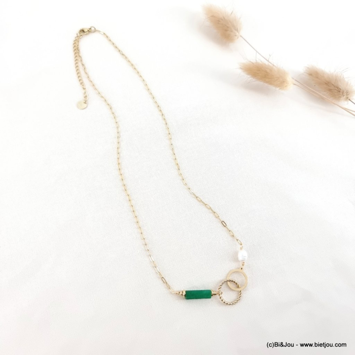 Collier acier inoxydable anneaux pierre perle eau douce 0123065 vert