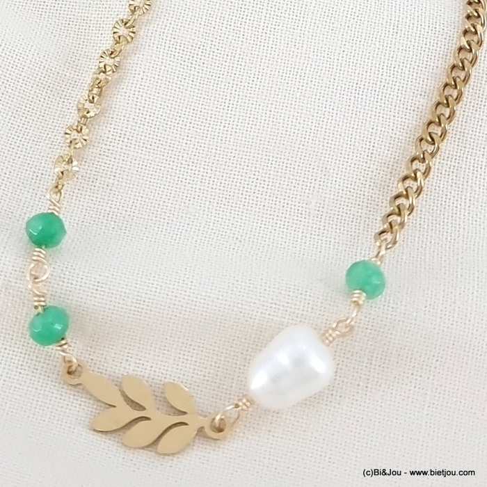 Collier acier inoxydable laurier pierre perle eau douce 0123066 vert