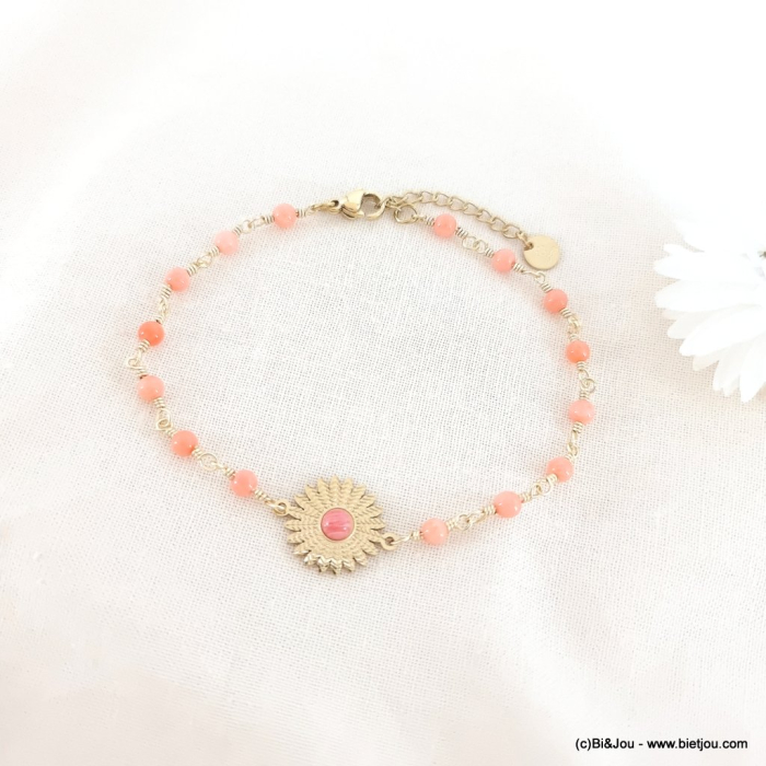 Bracelet acier inoxydable fleur marguerite pierre 0223067 rouge corail