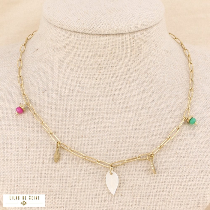 Collier acier inox breloque feuille nacre plume billes pierre 0123077 multi