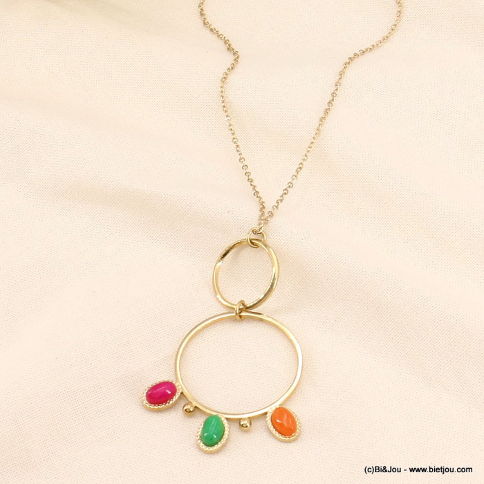 Collier acier inoxydable 2-anneaux 3-cabochons pierre nacre 0123107 multi