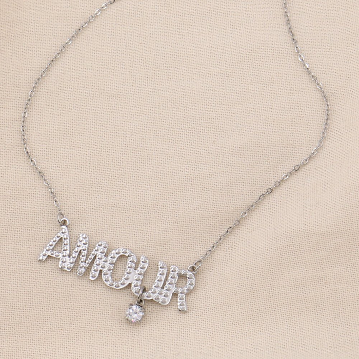 Collier acier inoxydable romantique AMOUR strass femme 0124036 argenté