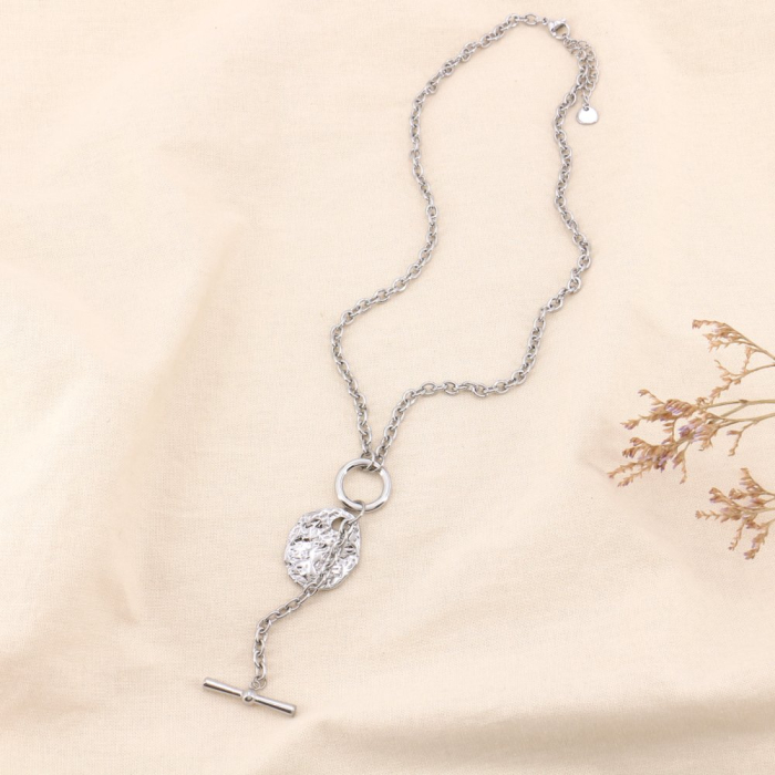 Collier acier inoxydable drop pièce martelée bâtonnet 0124031 argenté