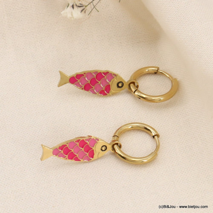 Boucles d'oreilles mini créoles poissons acier et émail 0323163 fushia