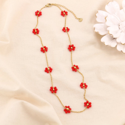 COLLIER ACIER INOXYDABLE FLEURS BILLE FACETTÉE CRISTAL 0124135 rouge