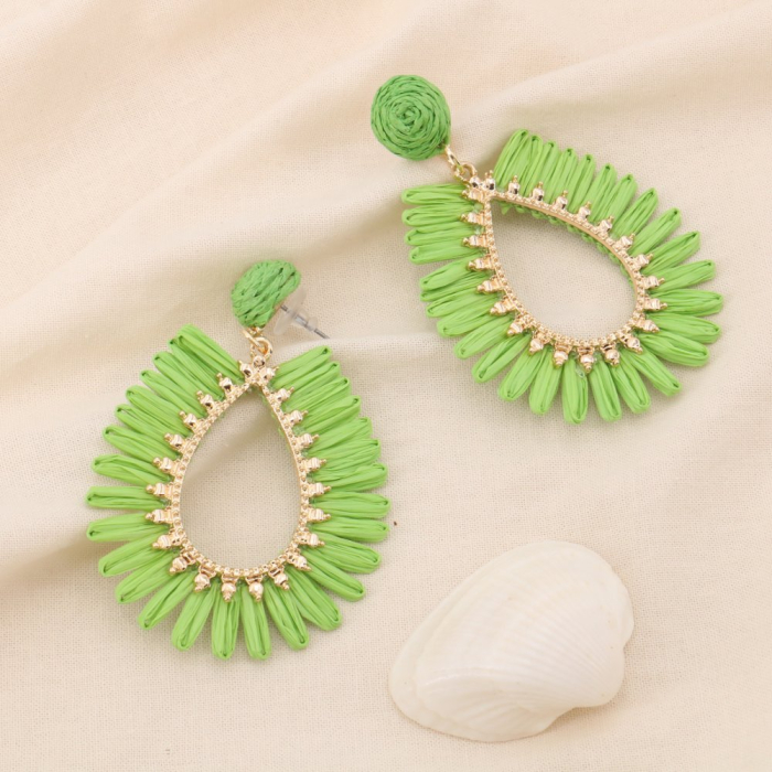 Boucles d'oreilles XXL paille tressage coloré goutte métal 0324166 vert Boucles d'oreilles XXL paille tressage coloré goutte métal 0324166 vert