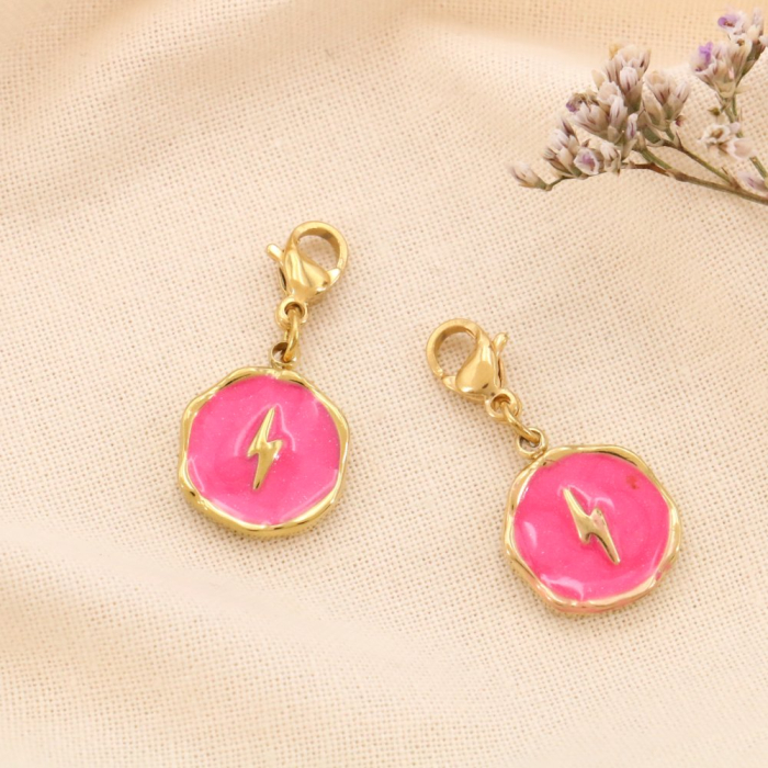 2 charms breloques éclair émail acier inoxydable 0624057 fushia