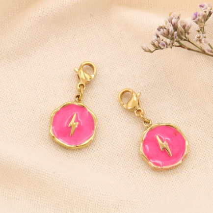 2 charms breloques éclair émail acier inoxydable 0624057 fushia