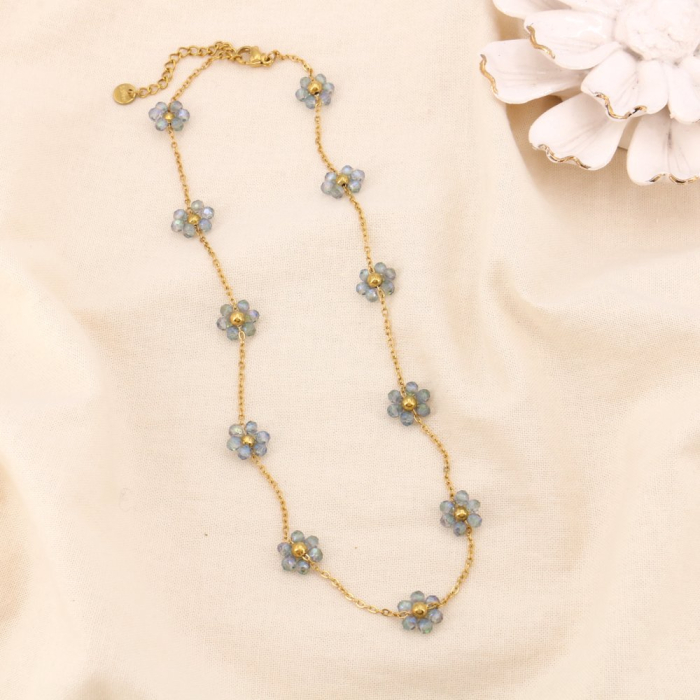 COLLIER ACIER INOXYDABLE FLEURS BILLE FACETTÉE CRISTAL 0124135 violet COLLIER ACIER INOXYDABLE FLEURS BILLE FACETTÉE CRISTAL 0124135 violet