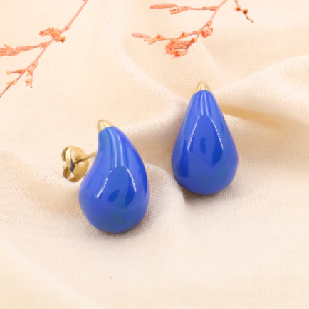 Boucles d'oreilles acier inoxydable gouttes émail coloré femme 0324233 bleu foncé