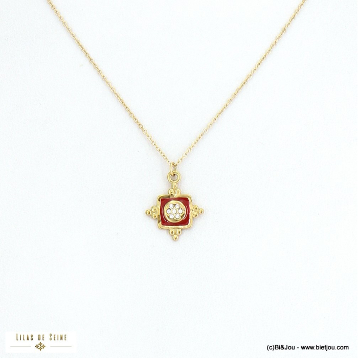 Collier rococo pendentif acier inoxydable émail strass 0122533 rouge bordeaux