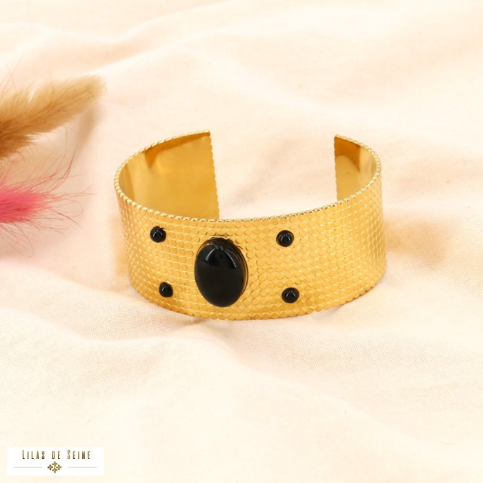 Bracelet manchette acier inoxydable 4+1 cabochons pierre 0224010 noir