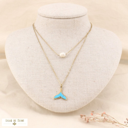 Collier double-rang acier queue de baleine perle eau douce 0123114 bleu turquoise