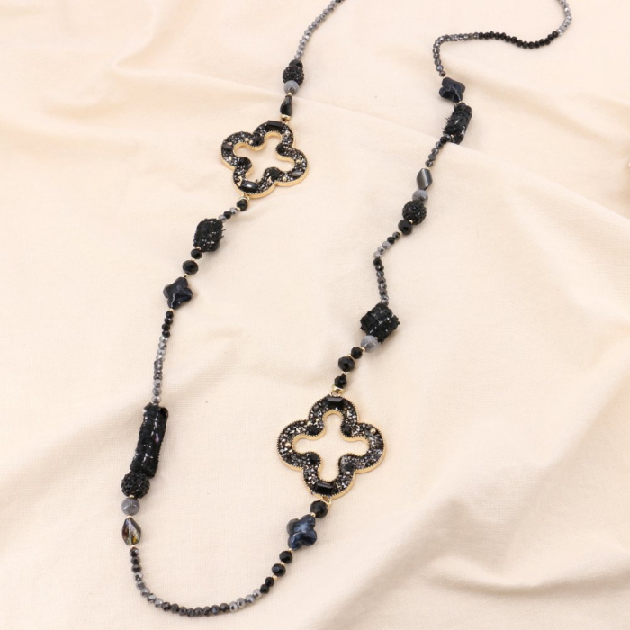 Sautoir baroque trèfle strass cristal pierre polyester métal 0124528 noir Sautoir baroque trèfle strass cristal pierre polyester métal 0124528 noir