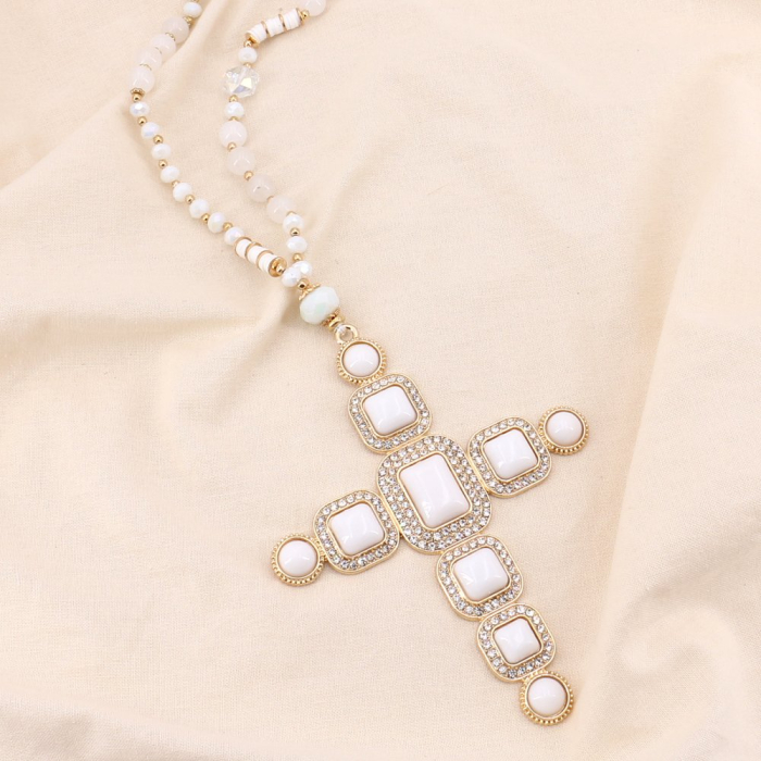 Sautoir croix baroque XXL strass résine cristal pierre métal 0124530 blanc