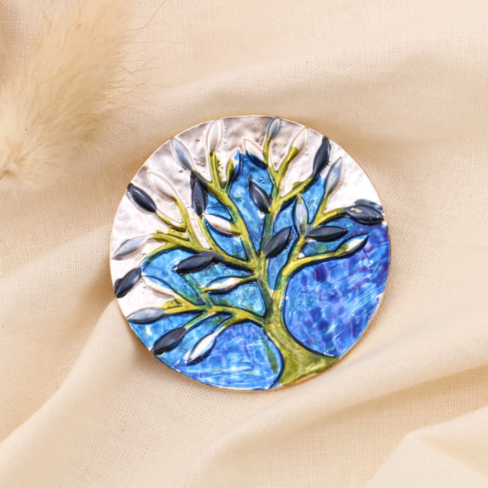 Broche épingle ronde arbre de vie métal émail coloré 0524501 bleu foncé