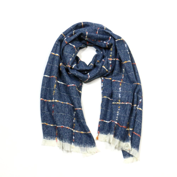 Echarpe longue carreaux colorés frange femme 0724514 bleu foncé Echarpe longue carreaux colorés frange femme 0724514 bleu foncé