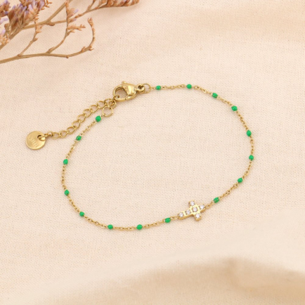 Bracelet acier inoxydable strass croix résine époxy pour femme 0224517 vert