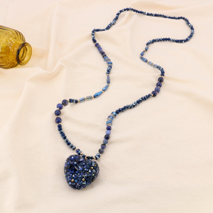 Sautoir cristal facettées pierre strass pendentif coeur fleur 0124536 bleu foncé
