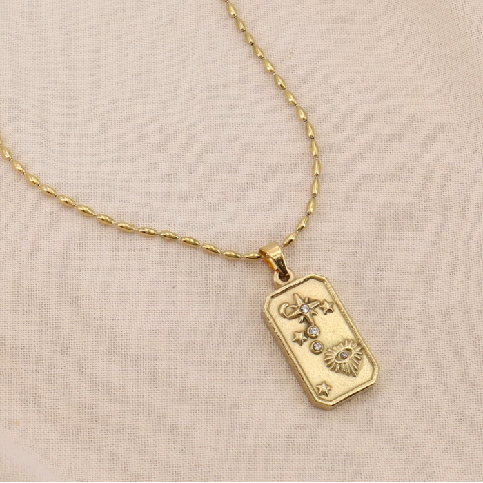 Collier acier inoxydable strass œil lune étoiles cœur 0124589 doré