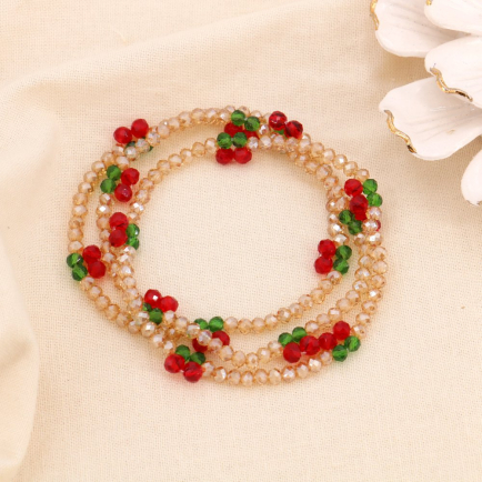 Lot 3 bracelets billes facettées cristal acier motif cerise 0224592 naturel/beige