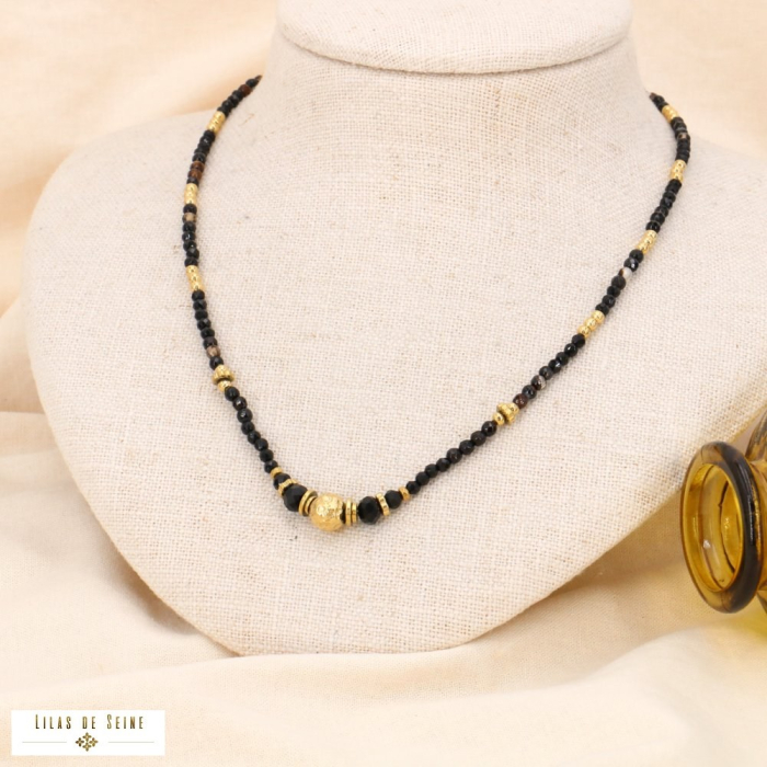 Collier ethnique-chic acier inox billes facettées pierre 0123583 noir