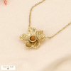 Collier court acier inox fleur de lotus gravée cabochon pierre 0123600 marron