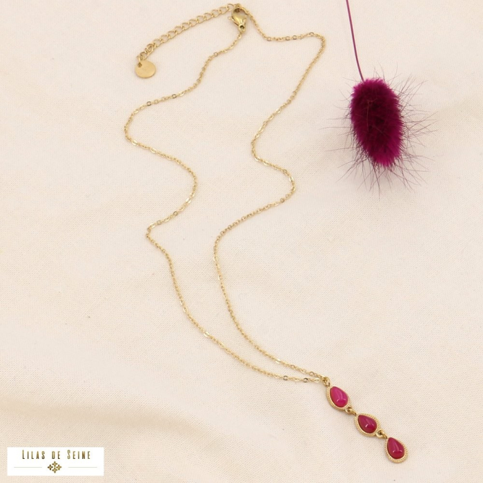 Collier acier inoxydable pendentif 3 gouttes pierre naturelle 0123558 fushia Collier acier inoxydable pendentif 3 gouttes pierre naturelle 0123558 fushia