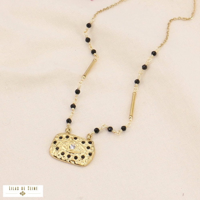 Collier acier inoxydable antique oeil chance pierre strass 0123580 noir