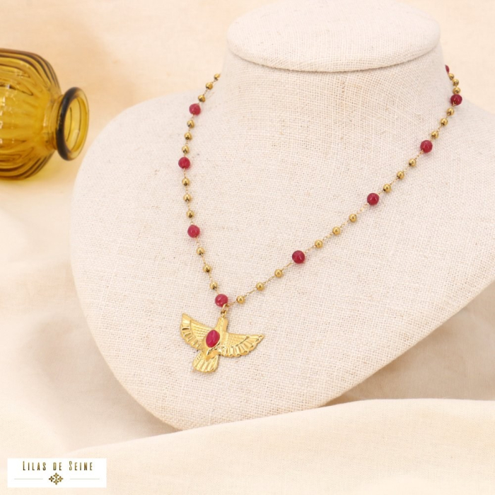 Collier ras de cou oiseau acier inoxydable billes pierre 0123535 fushia