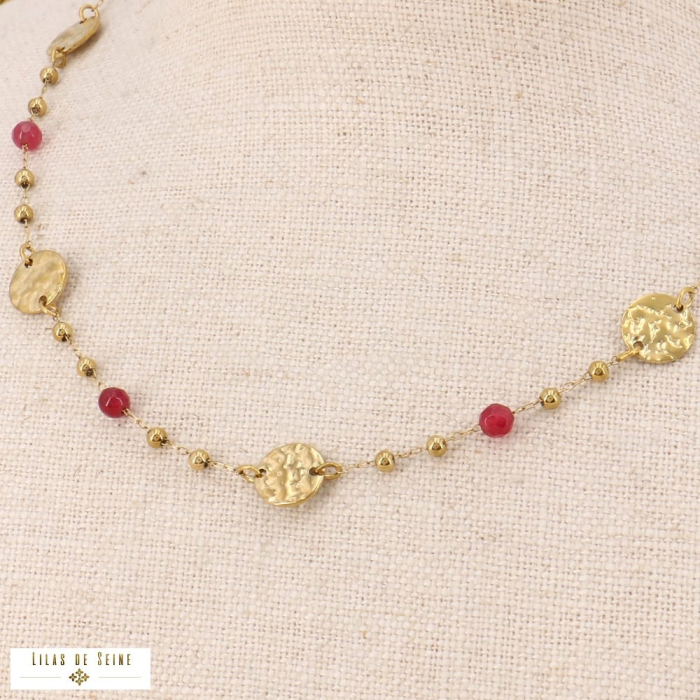 Collier ras de cou disques martelés acier inox billes pierre 0123536 fushia